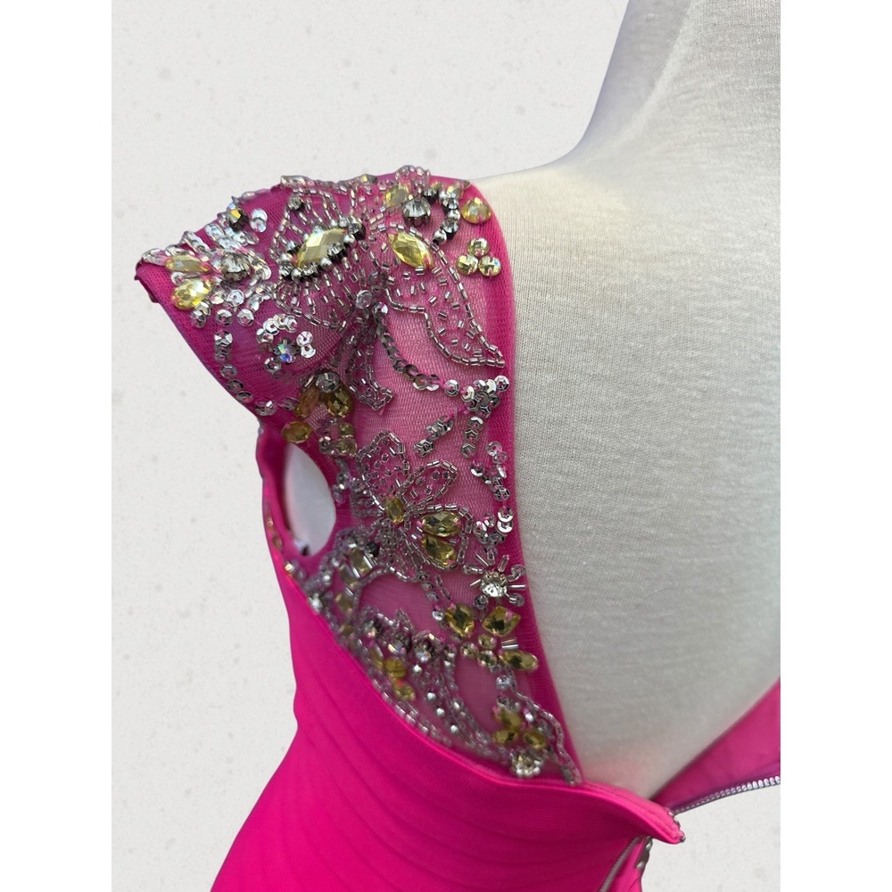 Sherri Hill Hot Pink Bandage Dress Size 4 Beaded Rhinestone Cocktail Prom Party - Picture 9 of 16